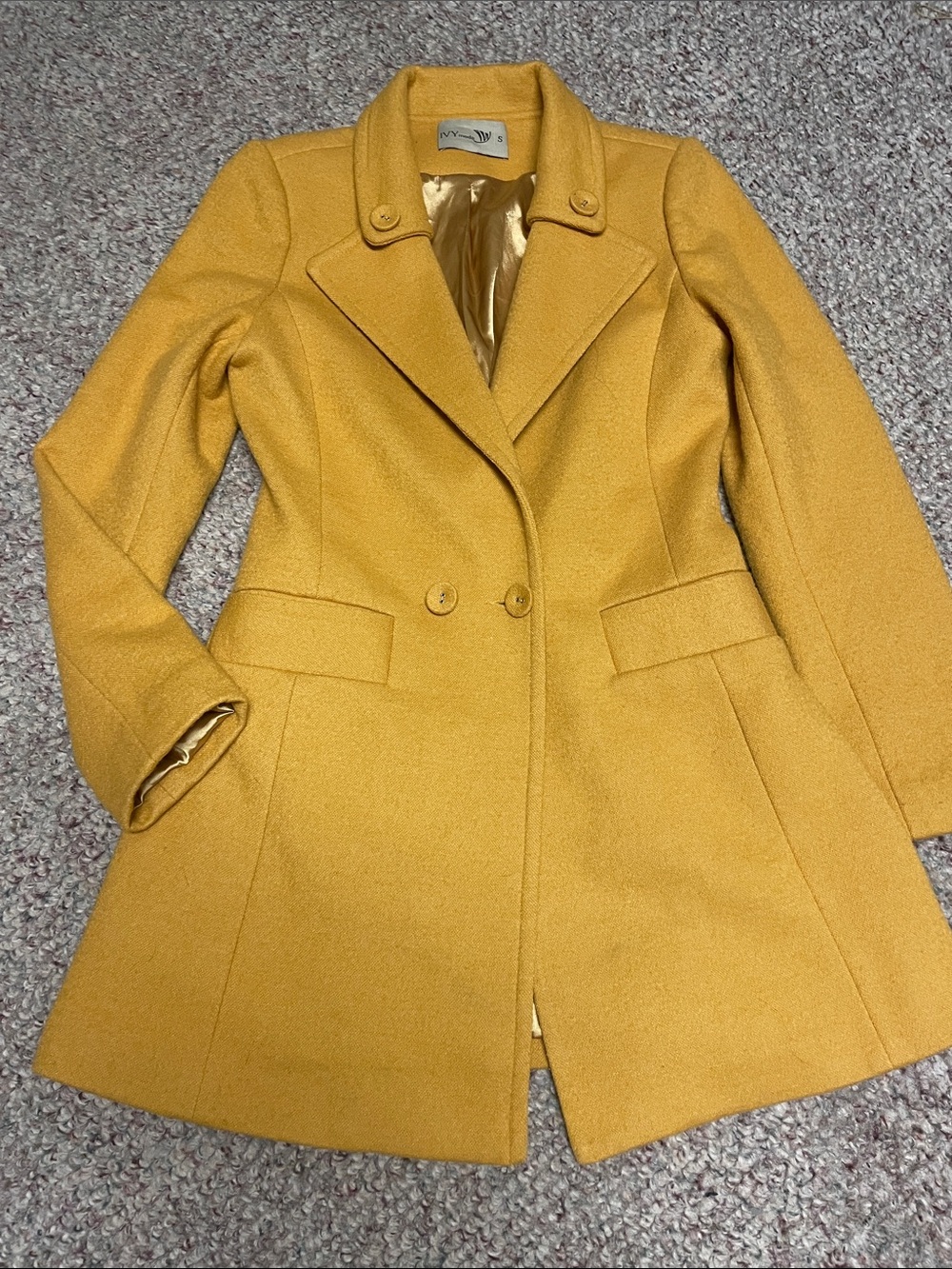 100% wool double button waist fasten mustard dress coat
